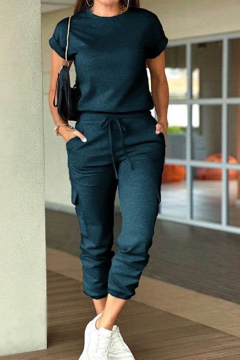 Crew Neck Short Sleeve Drawstring Waist Jumpsuit