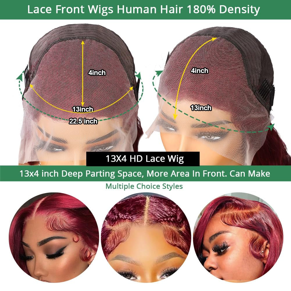 99J Burgundy 13X4 Lace Front Wigs Human Hair 180% Density 28 Inch Straight Lace Front Wigs Human Hair Wig for Women with Baby Hair