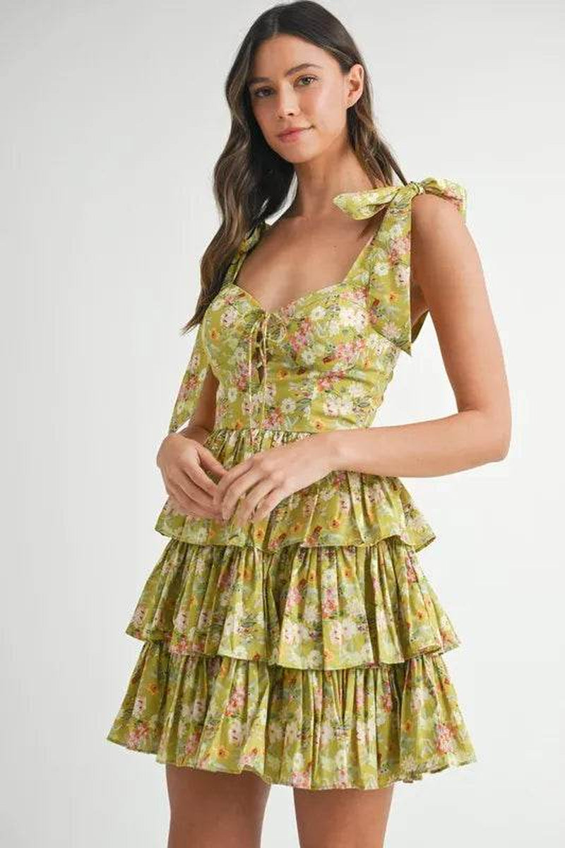 MABLE Floral Print Shoulder Tie Layered Mini Dress