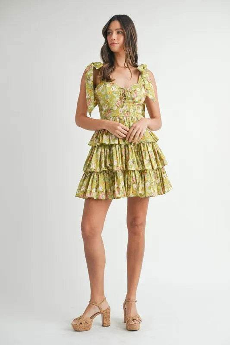 MABLE Floral Print Shoulder Tie Layered Mini Dress