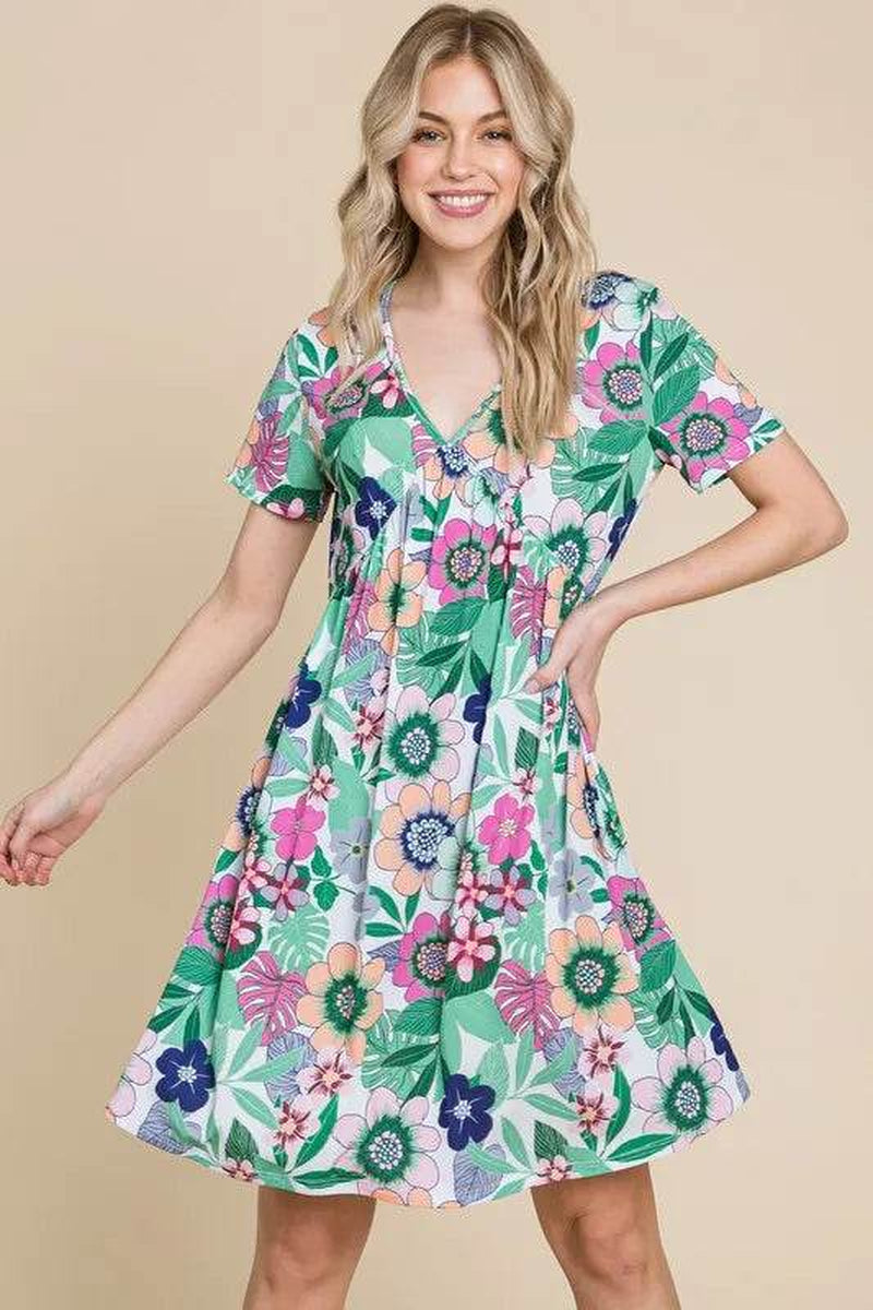 BOMBOM Ruched Floral V-Neck Short Sleeve Dress