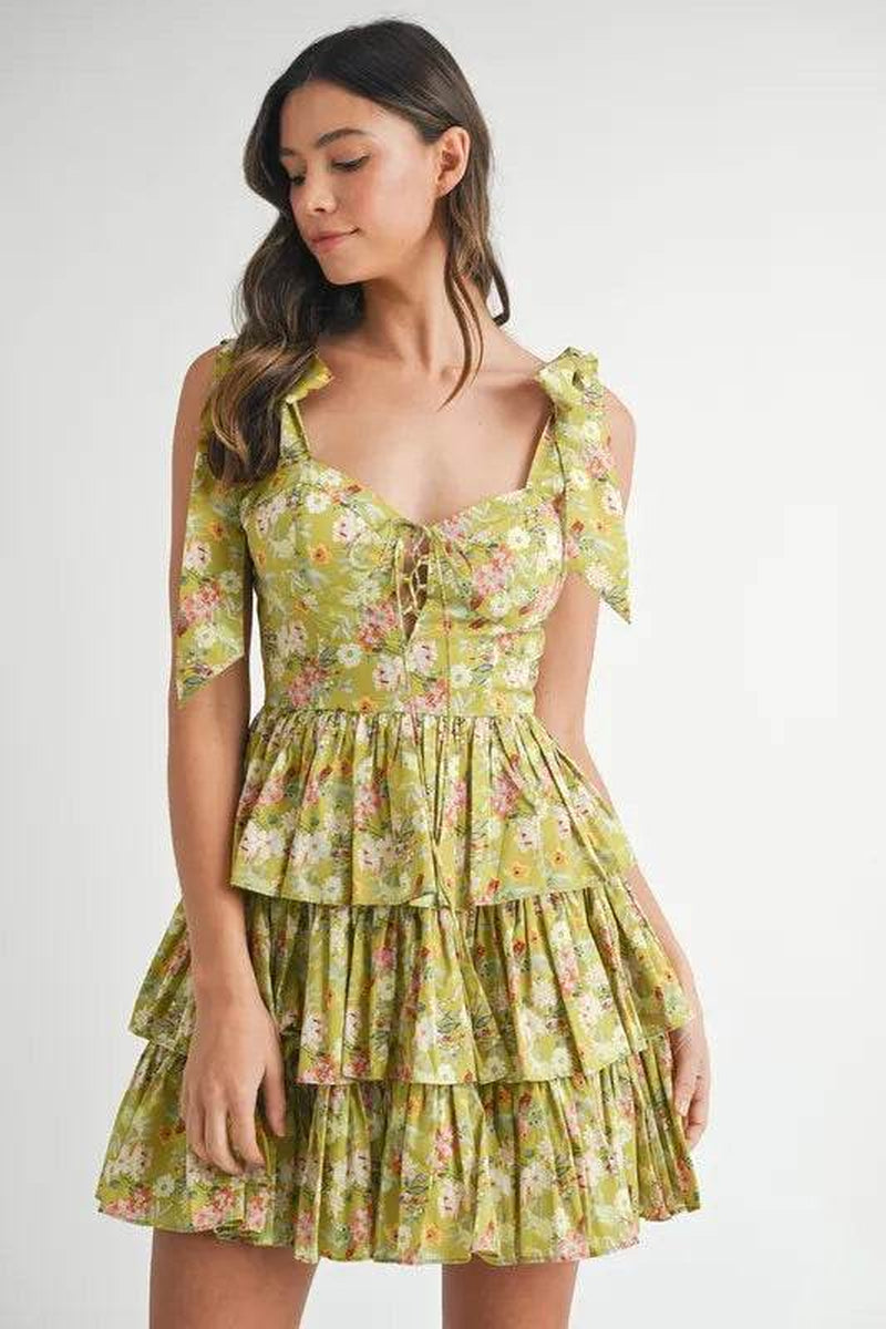 MABLE Floral Print Shoulder Tie Layered Mini Dress