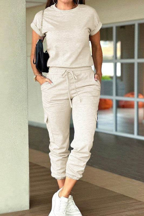 Crew Neck Short Sleeve Drawstring Waist Jumpsuit