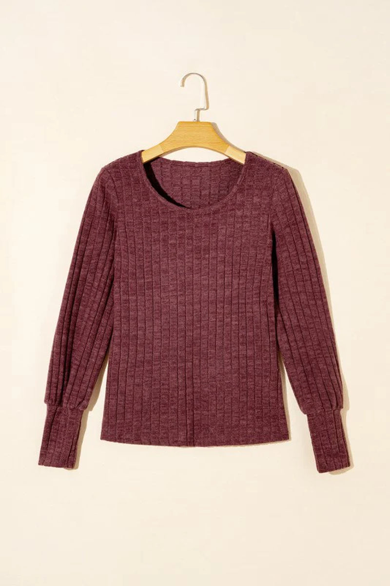 Mineral Red Ribbed Bishop Sleeve round Neck Top