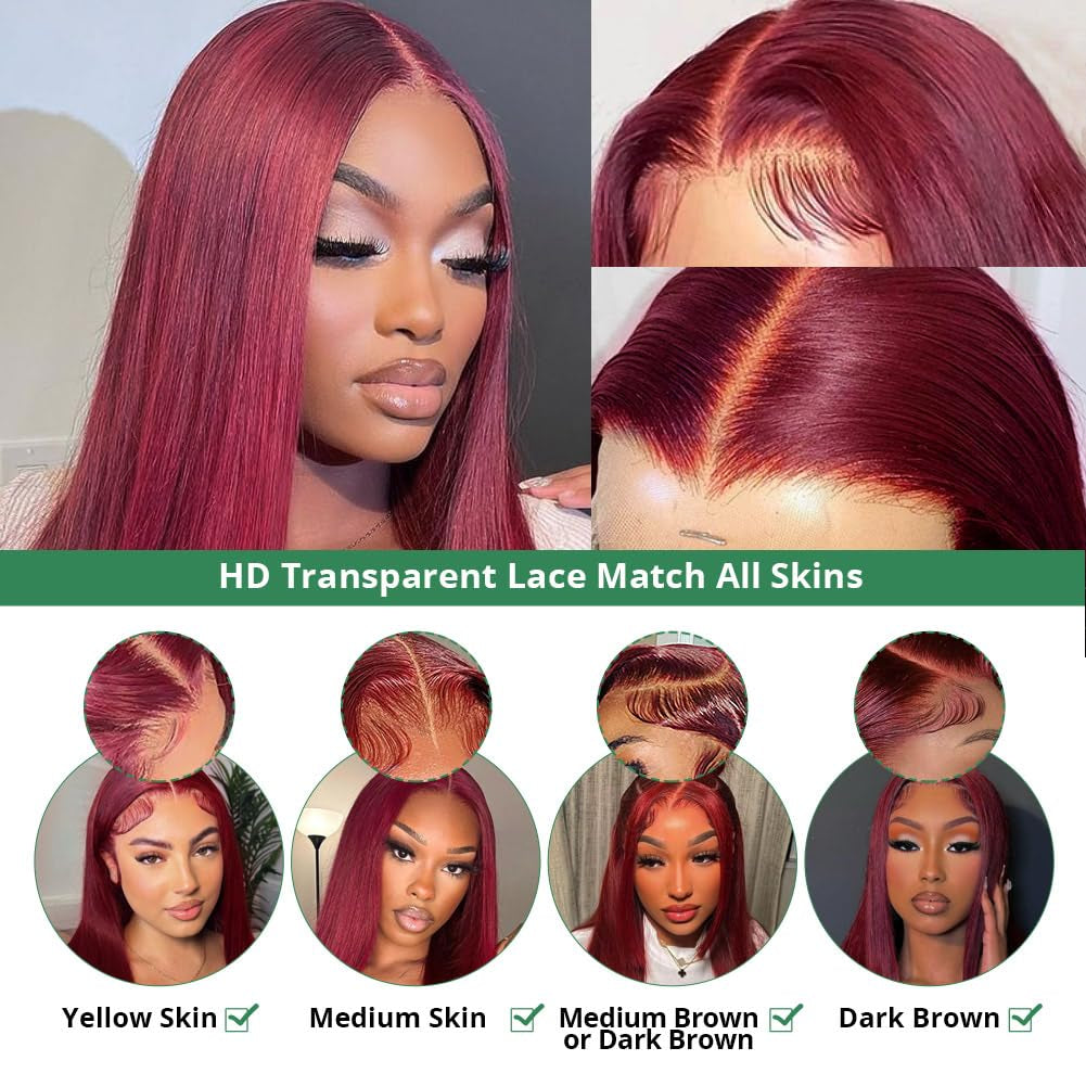 99J Burgundy 13X4 Lace Front Wigs Human Hair 180% Density 28 Inch Straight Lace Front Wigs Human Hair Wig for Women with Baby Hair