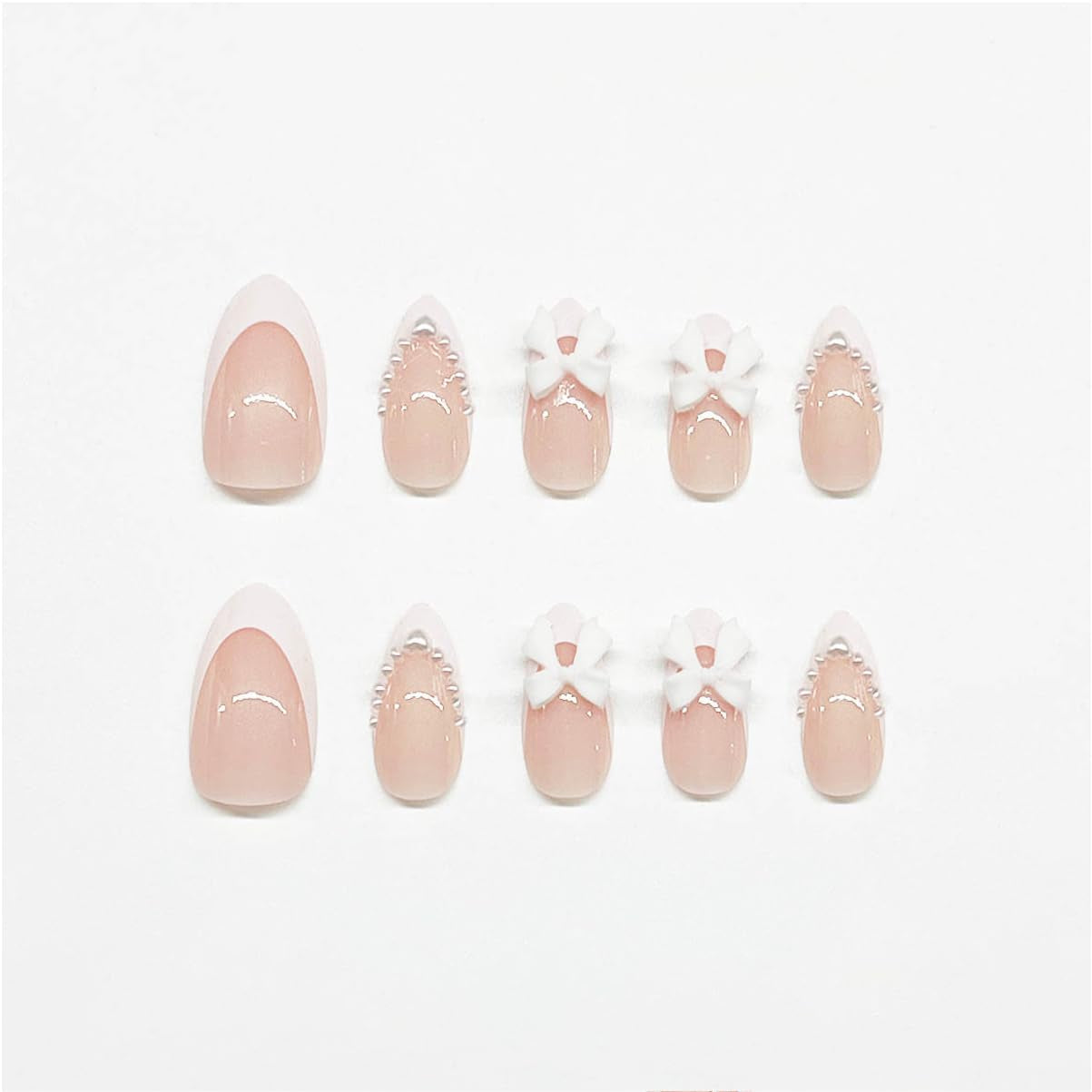 24Pcs Almond Shaped Artificial Nails - French Tips with Cute Bow Charms Design - Nude Pink Acrylic Nails for Women & Girls